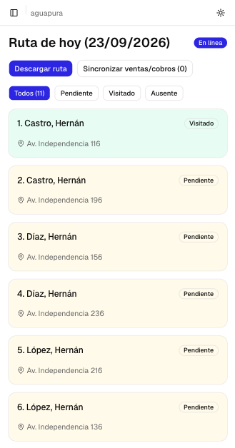 Ruta de hoy en la app del repartidor: visitas pendientes y visitadas, sync en línea
